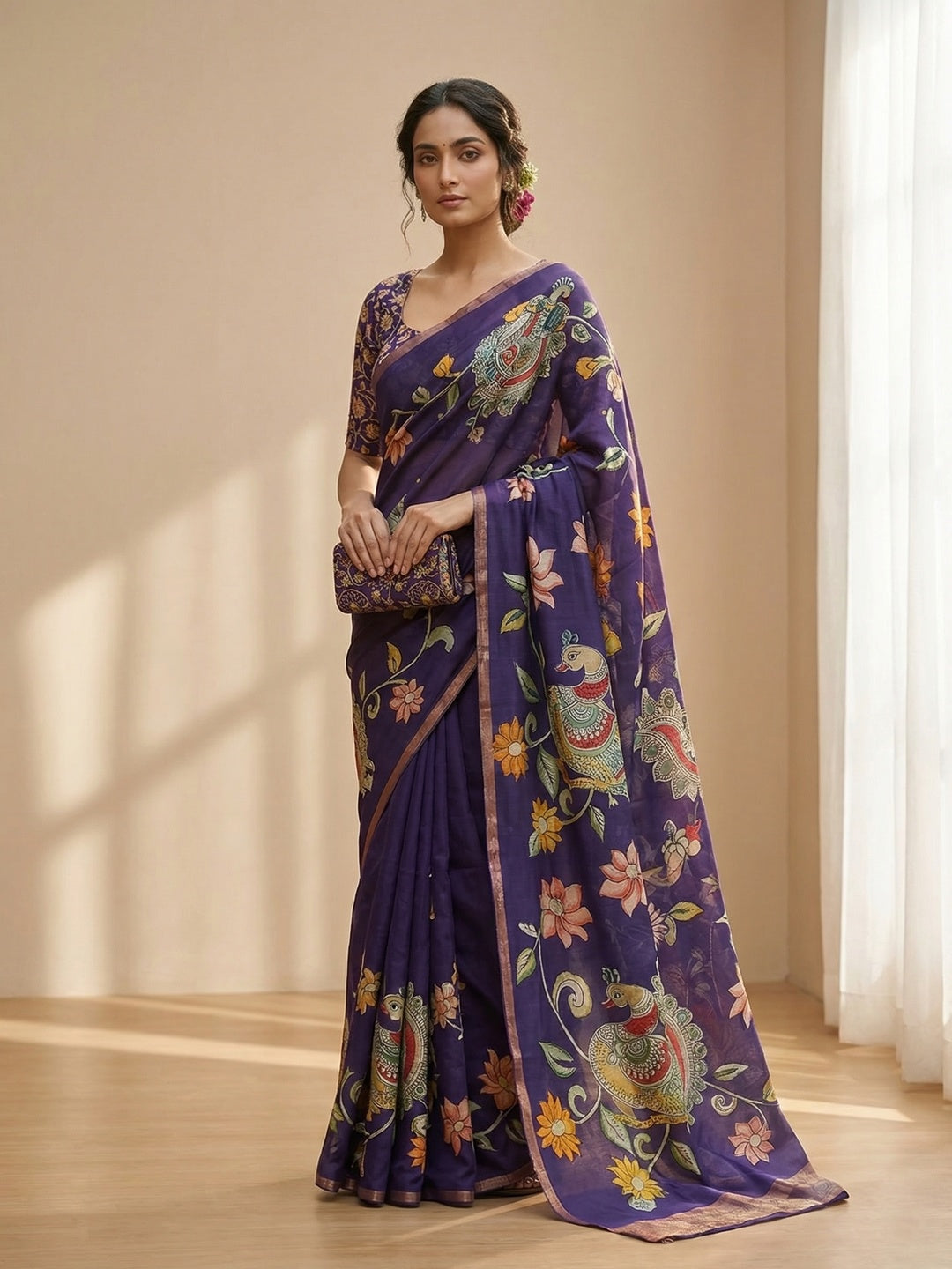 Elegant Purple Chanderi Silk Saree with Kalamkari Peacock Motif - Image 1