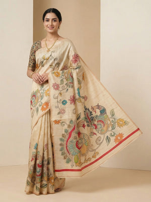 Elegant Cream Chanderi Silk Saree with Kalamkari Peacock Motif - Image 1