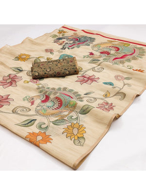 Elegant Cream Chanderi Silk Saree with Kalamkari Peacock Motif - Image 2