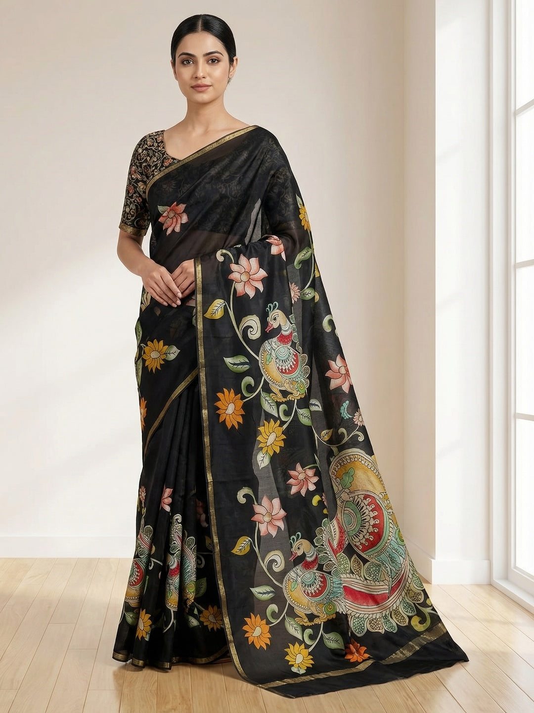 Elegant Black Chanderi Silk Saree with Kalamkari Peacock Motif - Image 1