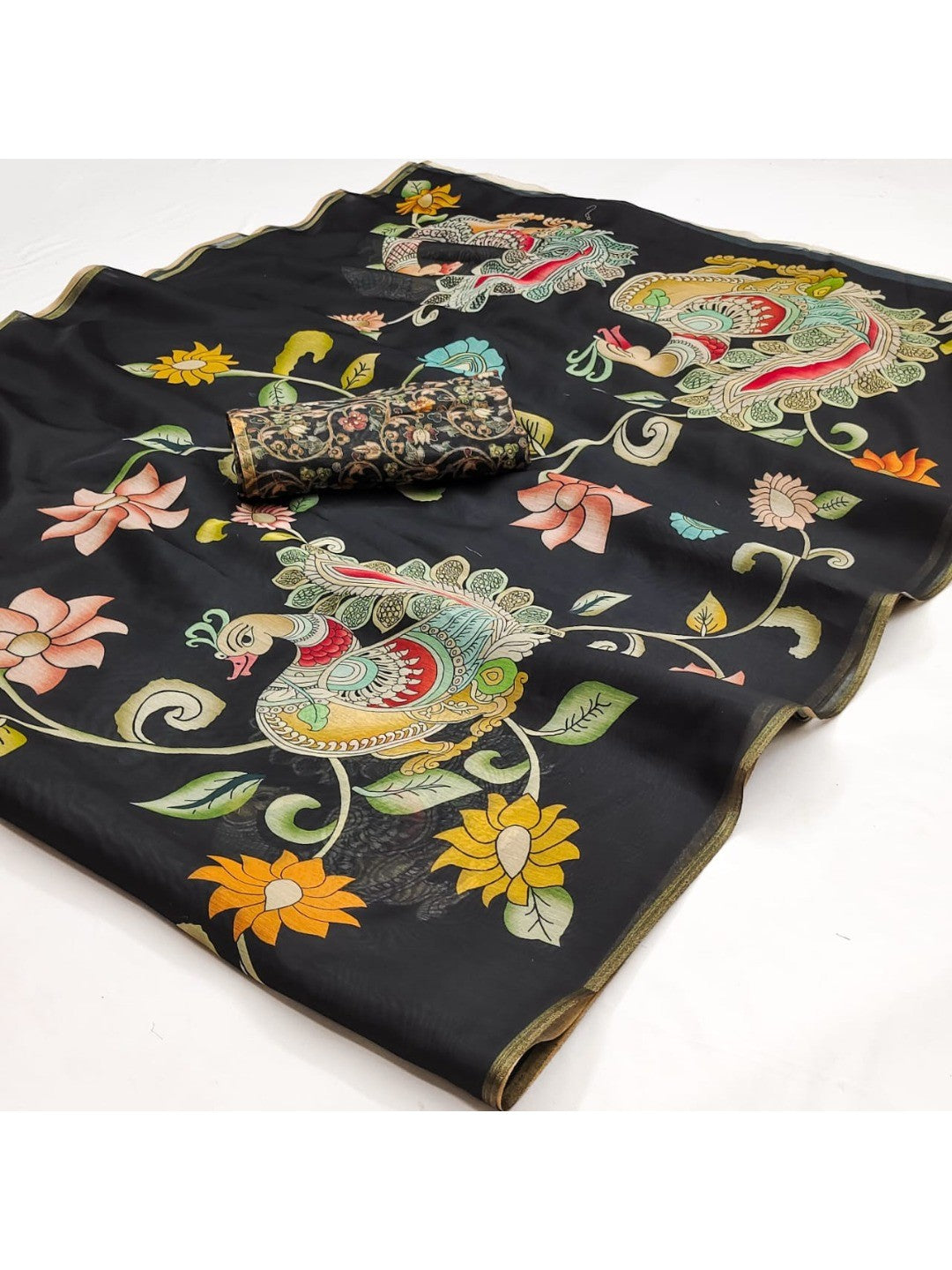 Elegant Black Chanderi Silk Saree with Kalamkari Peacock Motif - Image 2