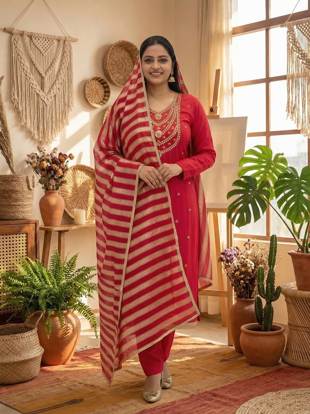 Stylish Pink Cording & Sequins Embroidery With Gota Patti Work Roman Art Silk Dress Material - Image 1