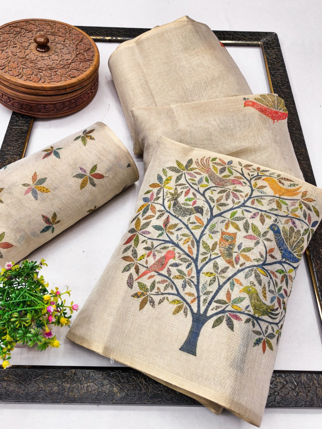 Ethnic Beige Tussar Silk Saree with Detailed Tree of Life Printed Motifs - Image 2