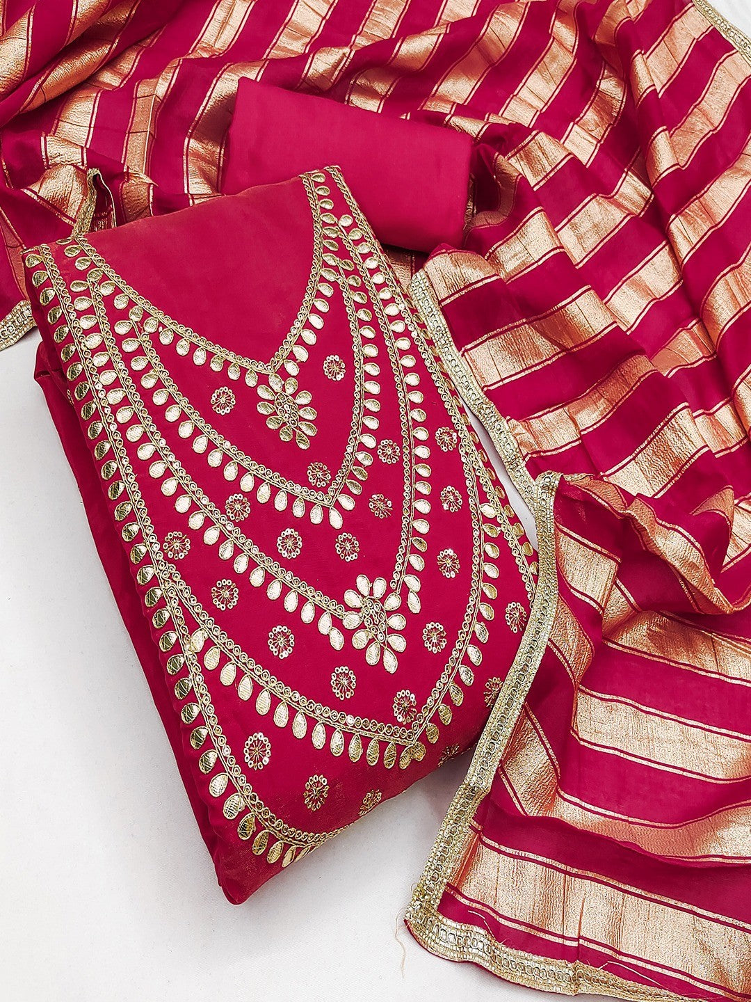 Stylish Pink Cording & Sequins Embroidery With Gota Patti Work Roman Art Silk Dress Material - Image 3