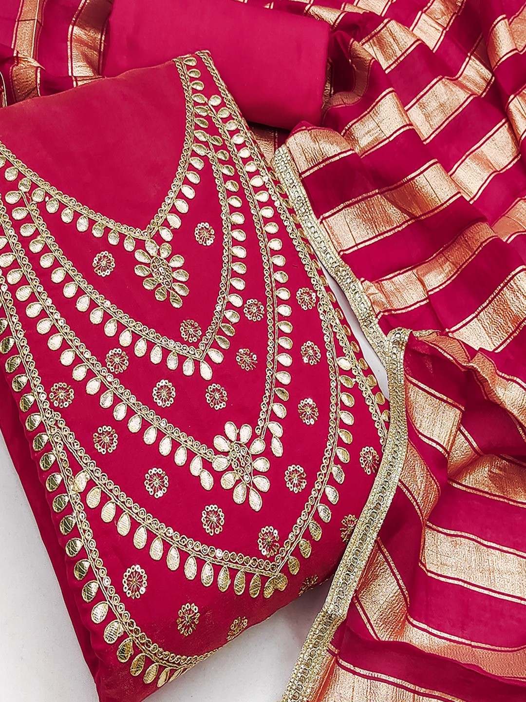 Stylish Pink Cording & Sequins Embroidery With Gota Patti Work Roman Art Silk Dress Material - Image 4