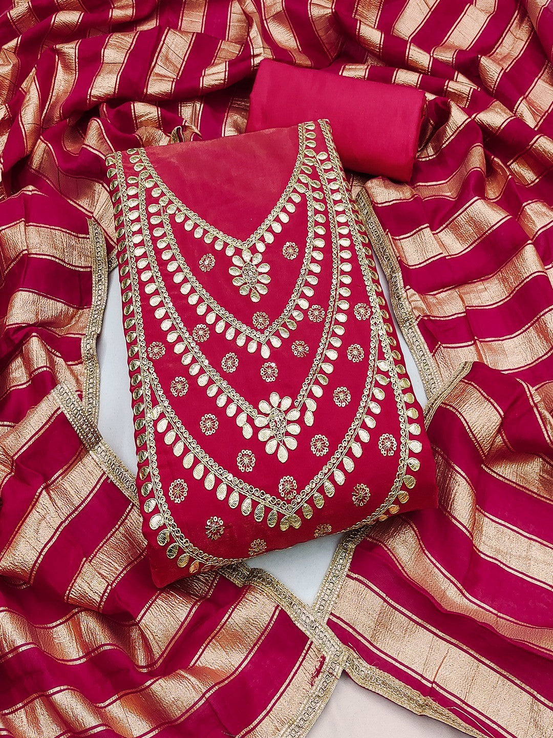 Stylish Pink Cording & Sequins Embroidery With Gota Patti Work Roman Art Silk Dress Material - Image 6