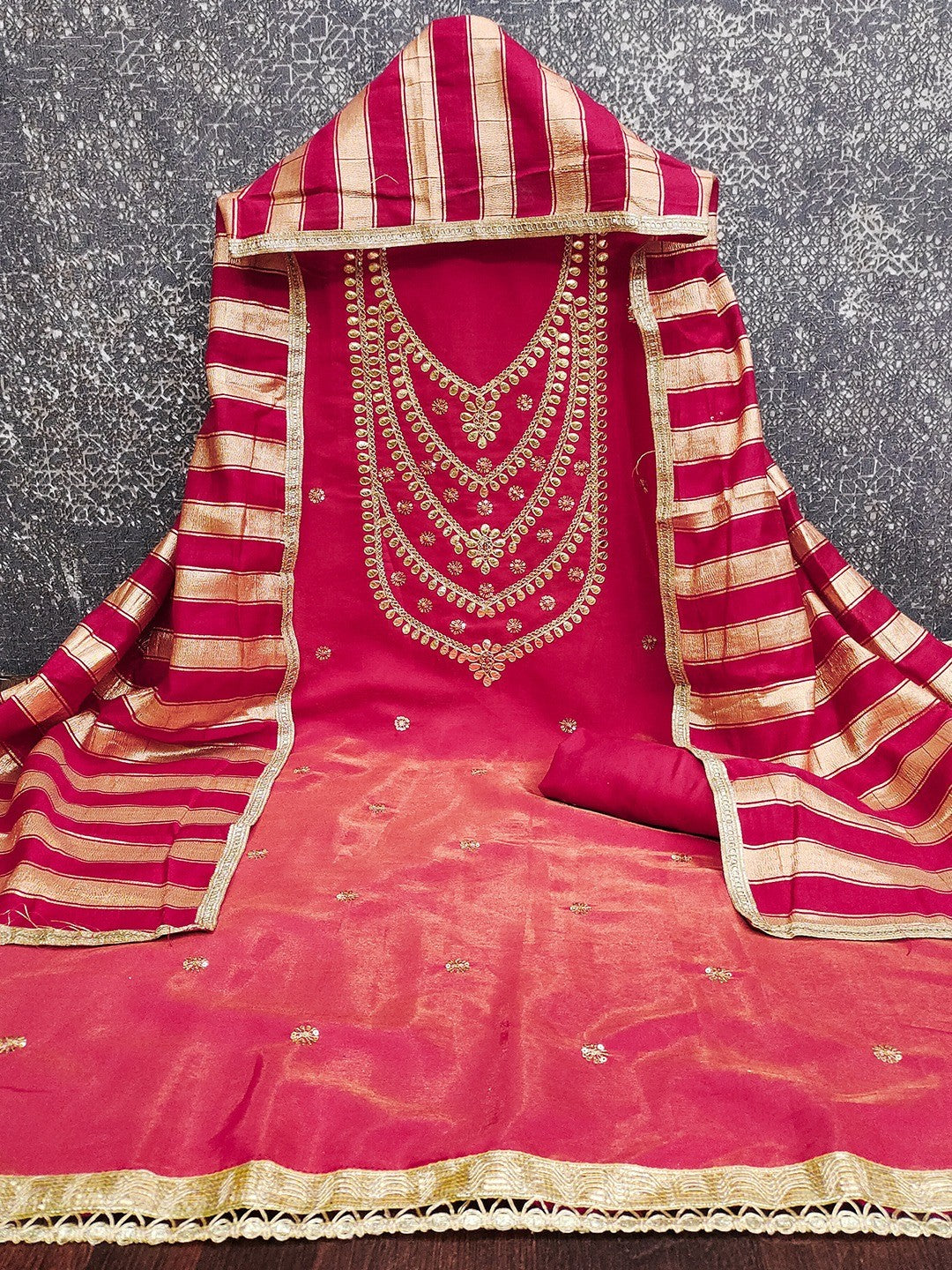 Stylish Pink Cording & Sequins Embroidery With Gota Patti Work Roman Art Silk Dress Material - Image 5