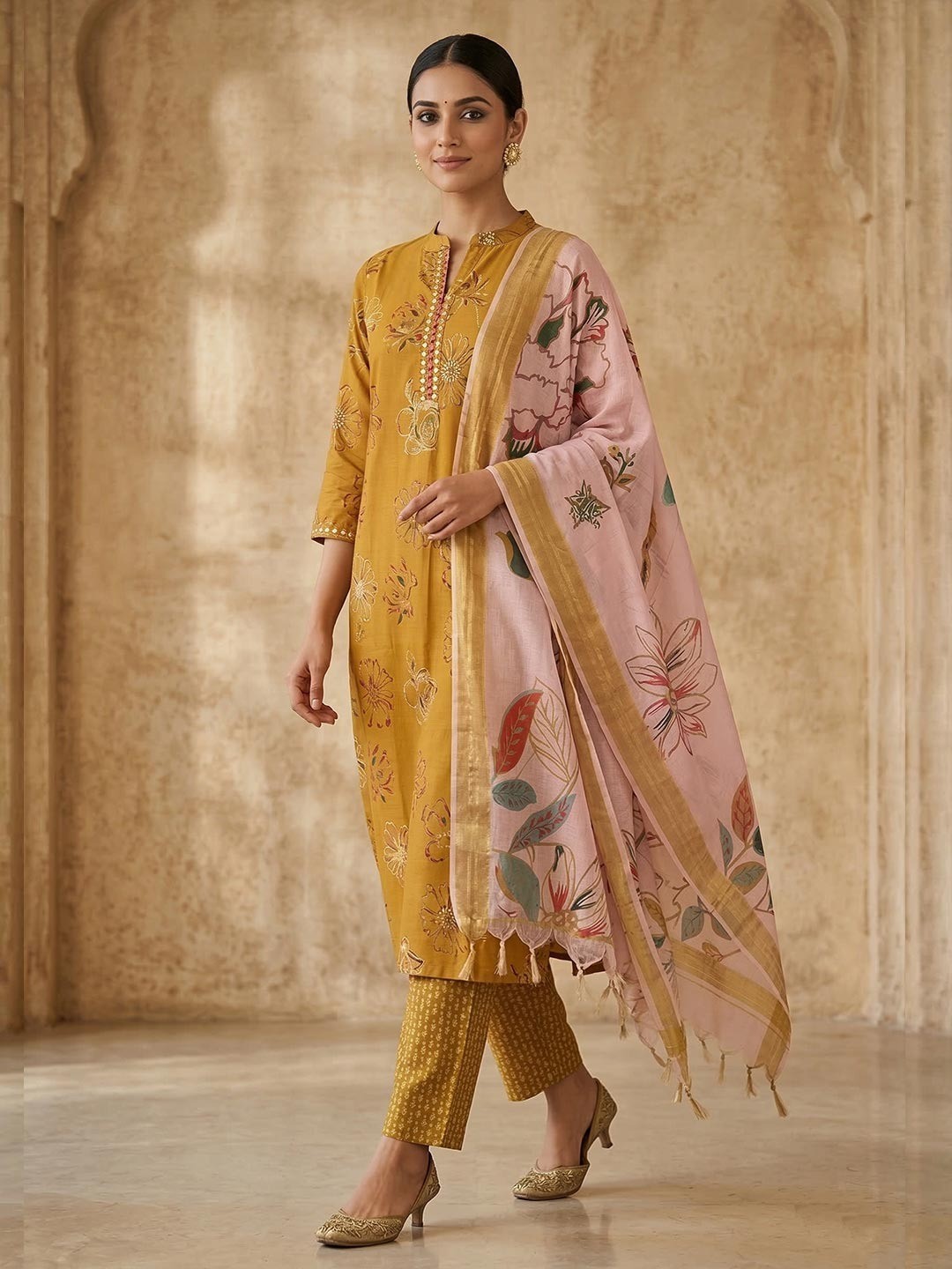 Mustard Floral Printed Rayon Salwar Suit with Dupatta - Image 1