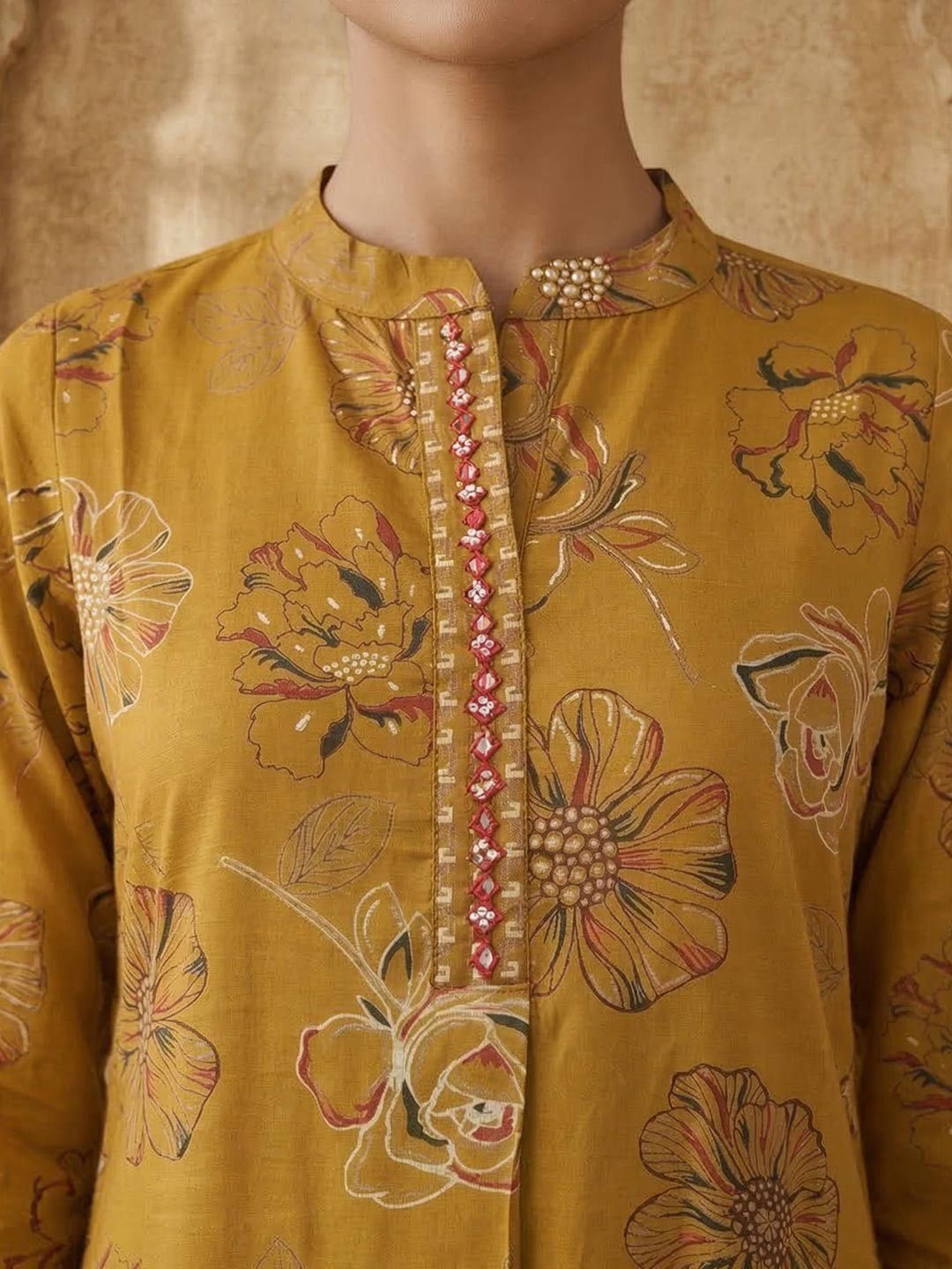 Mustard Floral Printed Rayon Salwar Suit with Dupatta - Image 5