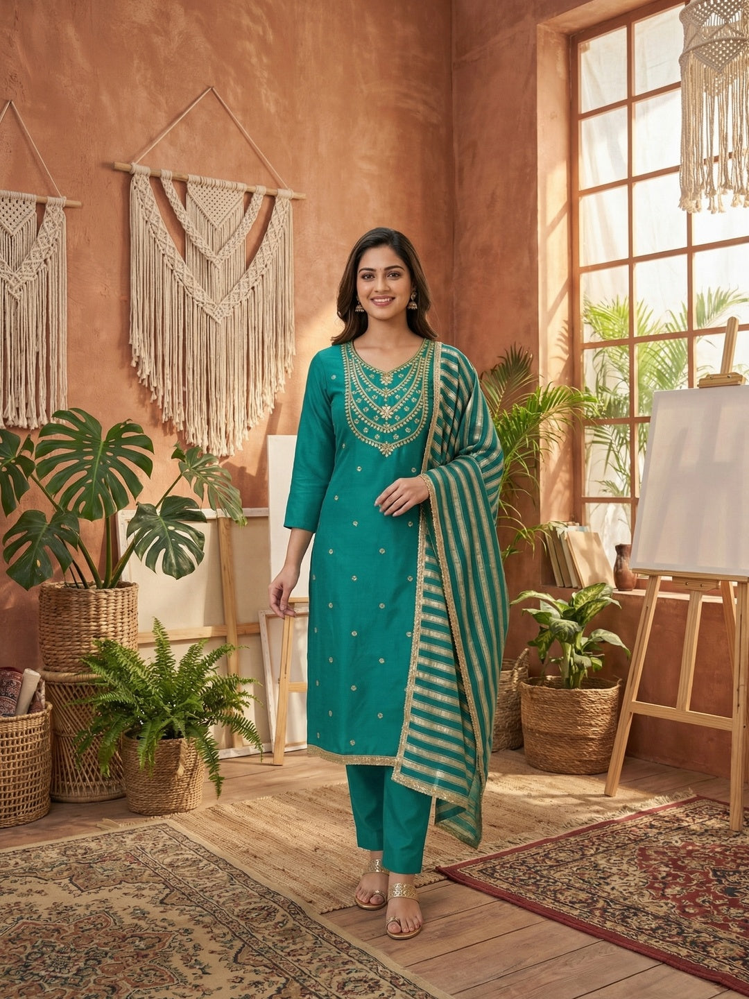 Stylish Teal Cording & Sequins Embroidery With Gota Patti Work Roman Art Silk Dress Material - Image 1