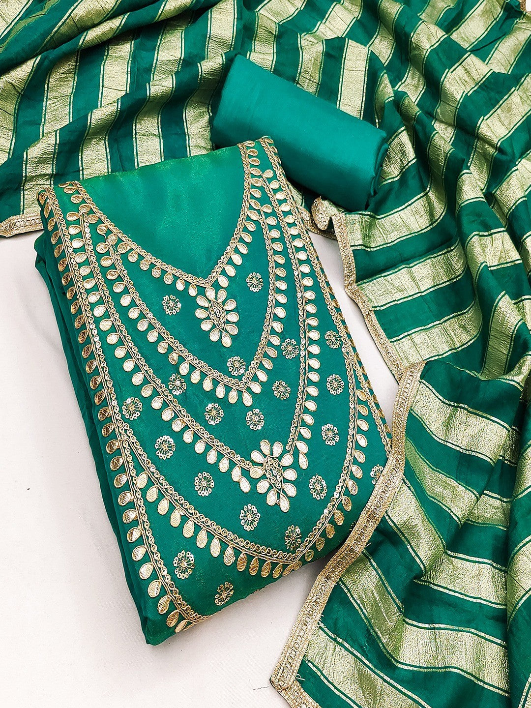 Stylish Teal Cording & Sequins Embroidery With Gota Patti Work Roman Art Silk Dress Material - Image 3