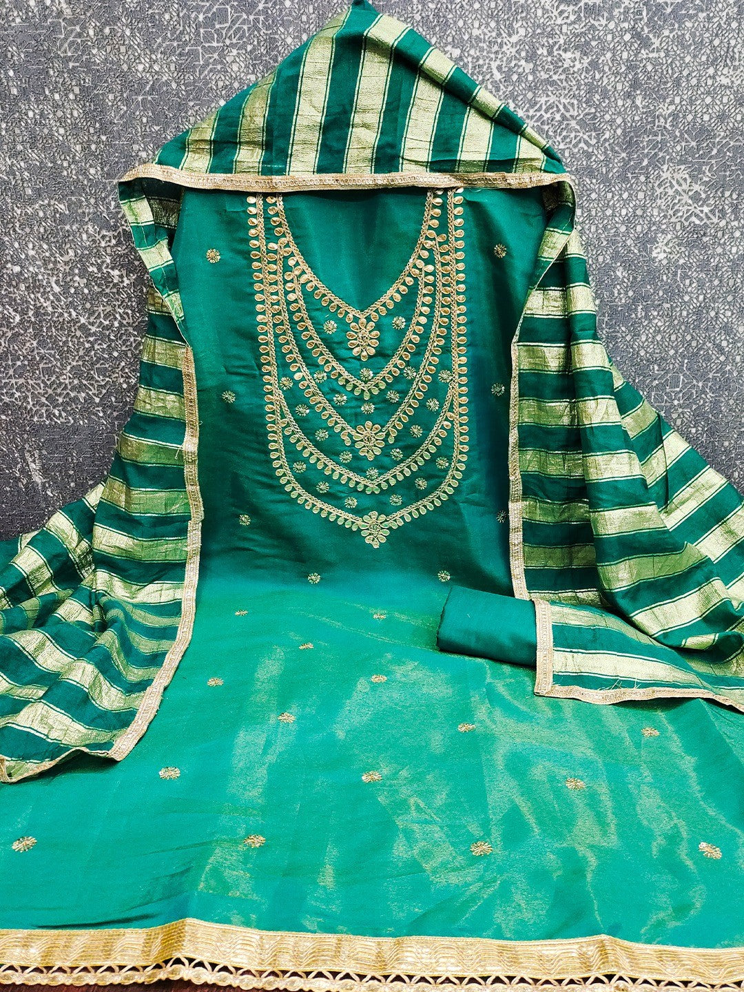 Stylish Teal Cording & Sequins Embroidery With Gota Patti Work Roman Art Silk Dress Material - Image 6