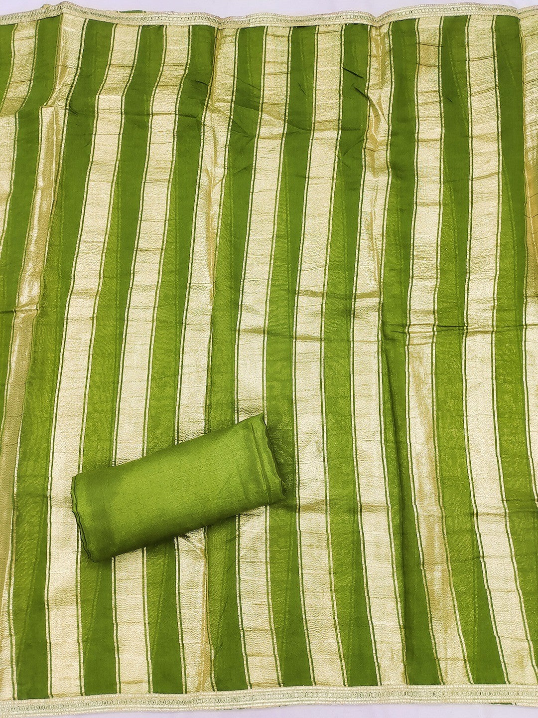 Stylish Green Cording & Sequins Embroidery With Gota Patti Work Roman Art Silk Dress Material - Image 2