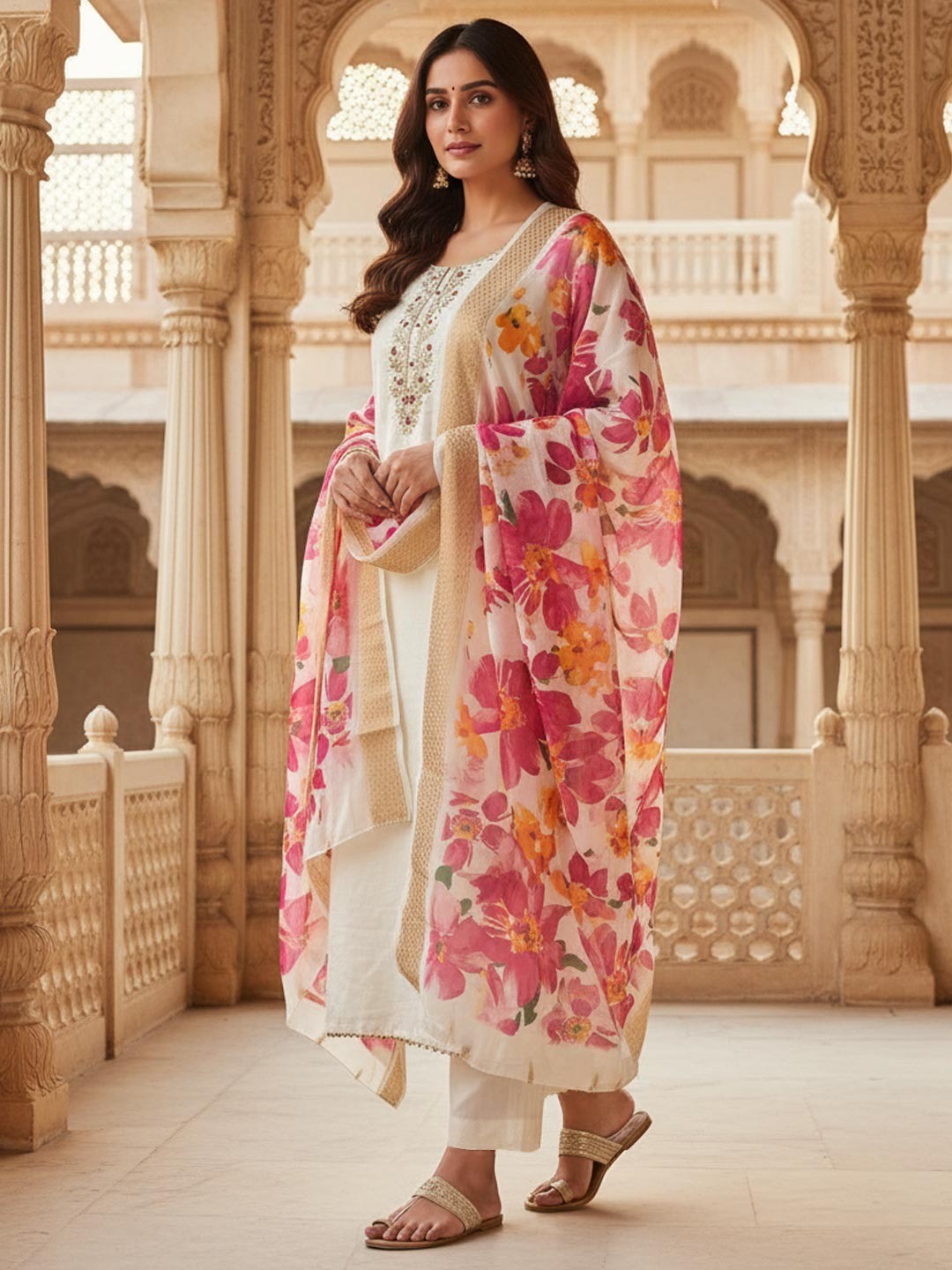 Stunning Cream Moti & Beads Hand Embellished With Sequins Roman Art Silk Dress Material - Image 1