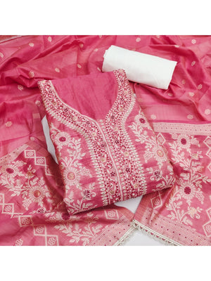 Pink Woven Banarasi Silk Dress Material with Delicate Beads Work - Image 1