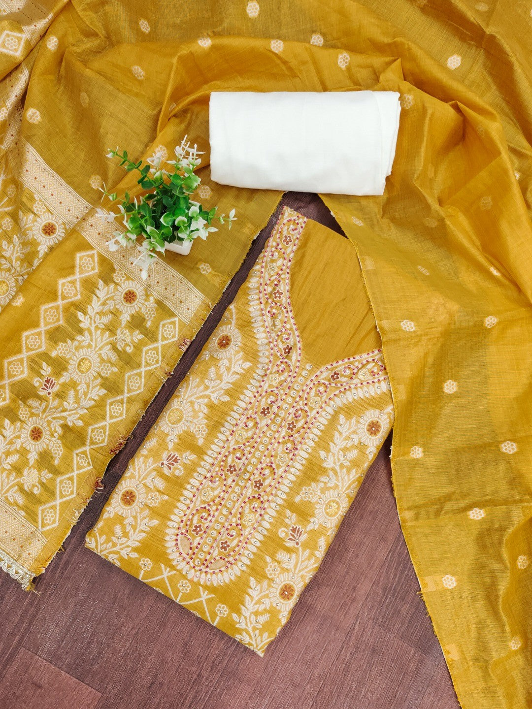 Yellow Woven Banarasi Silk Dress Material with Delicate Beads Work - Image 4
