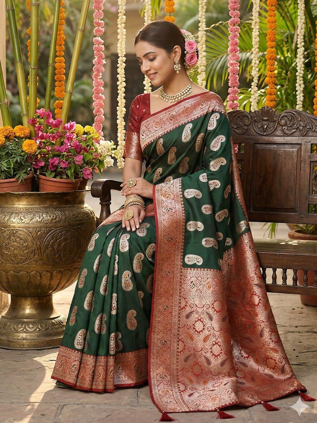 Elegant Green Silk Blend Saree with Paisley and Zari Work - Image 2