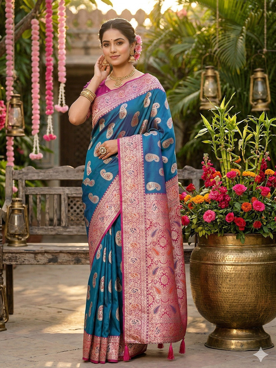 Festive Wear Rama Blue Silk Blend Saree with Elegant Paisley Motif Design - Image 1