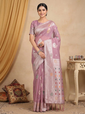 Ethnic Purple Silk Blend Saree with Stylish Woven Pattern Work - Image 1