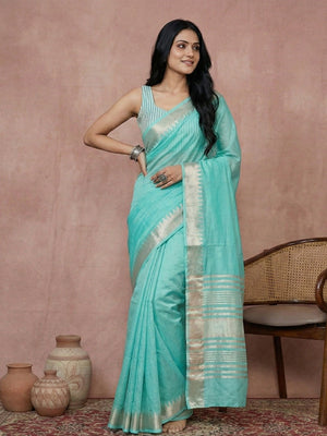 Festive Wear Turquoise Silk Blend Saree with Beautiful Silver Zari Border - Image 1