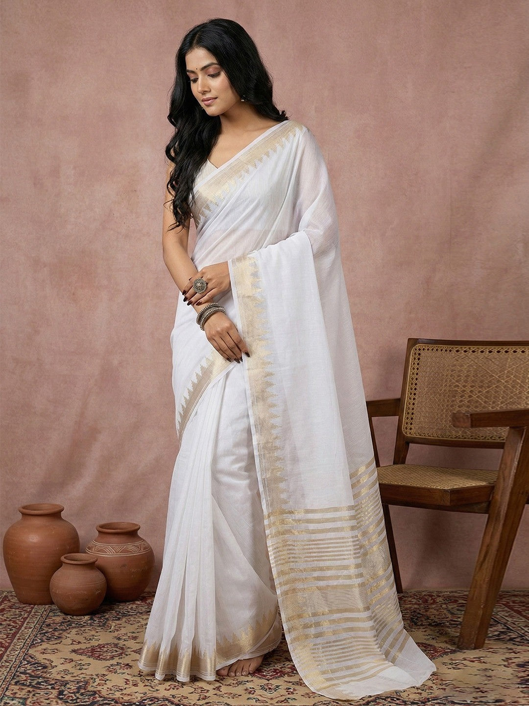 Ethnic White Silk Blend Saree with Graceful Golden Border Finish - Image 1