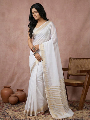 Ethnic White Silk Blend Saree with Graceful Golden Border Finish - Image 1