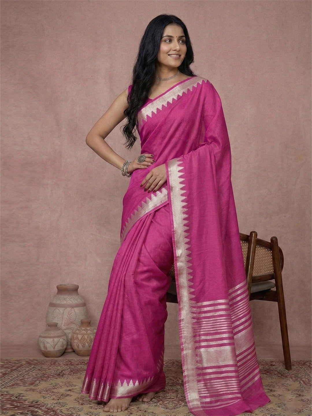 Festive Wear Pink Cotton Silk Saree with Beautiful Silver Zari Border - Image 1
