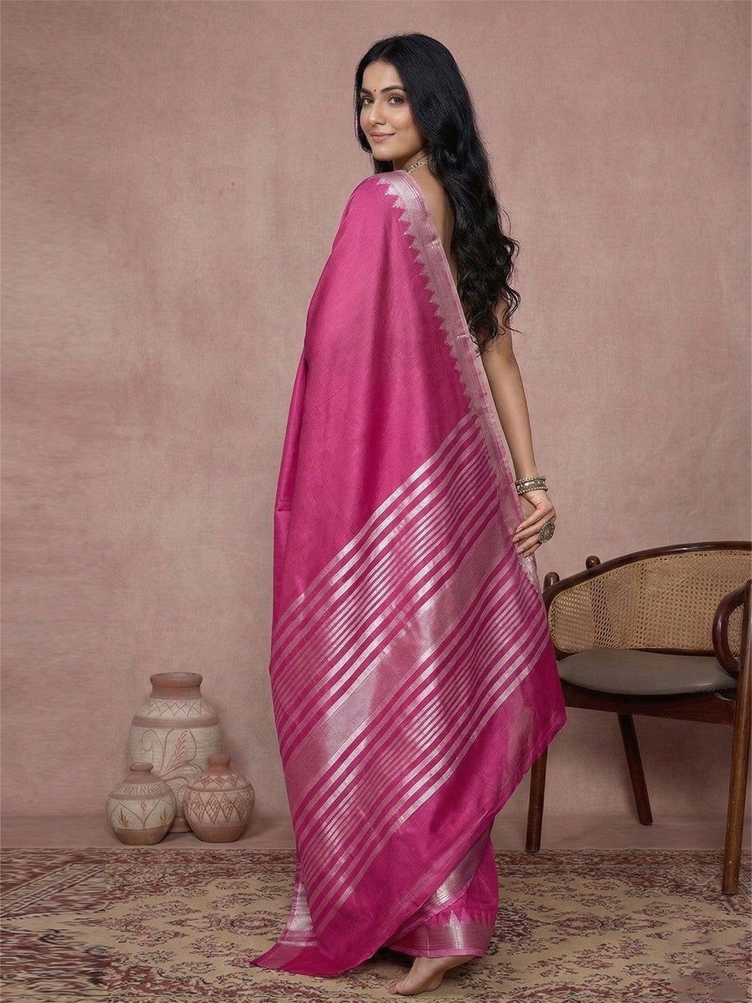 Festive Wear Pink Cotton Silk Saree with Beautiful Silver Zari Border - Image 2