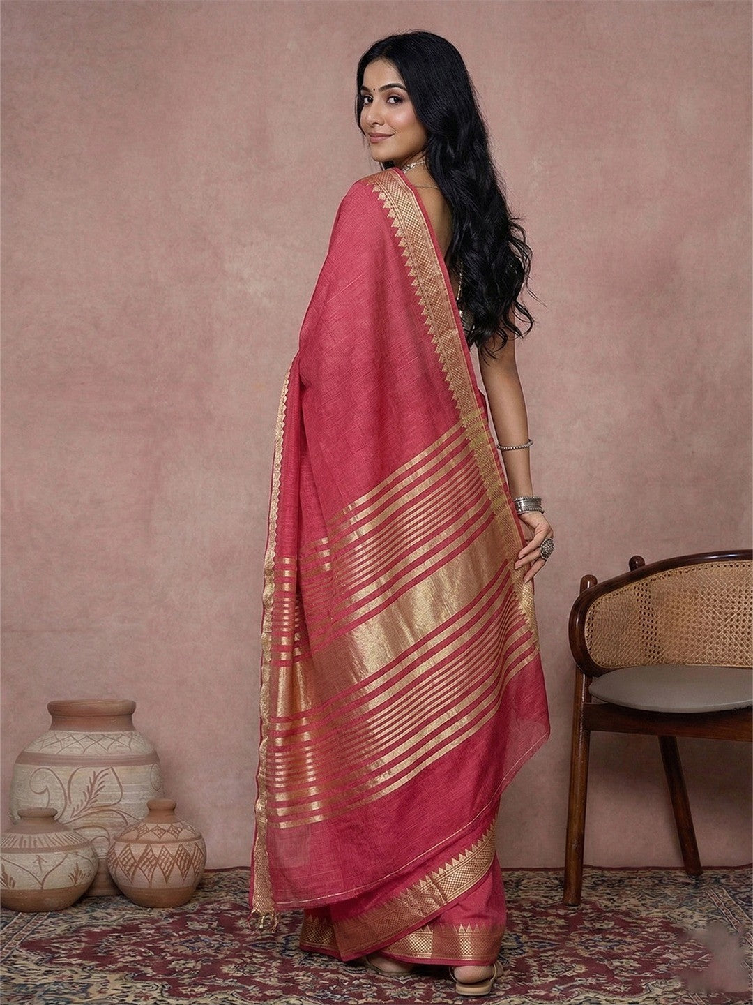 Elegant Maroon Cotton Silk Saree with Golden Border Detailing - Image 3