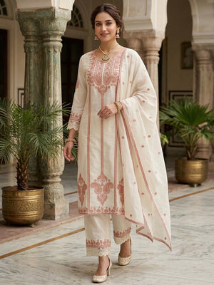 Designer White Mul Chanderi A-Line Salwar Suit with Elegant Embroidery Work - Image 1