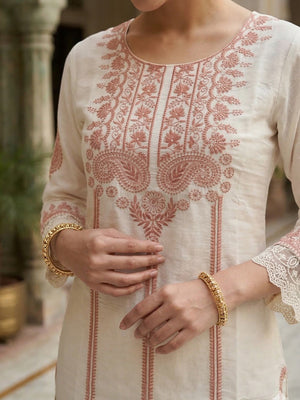Designer White Mul Chanderi A-Line Salwar Suit with Elegant Embroidery Work - Image 2