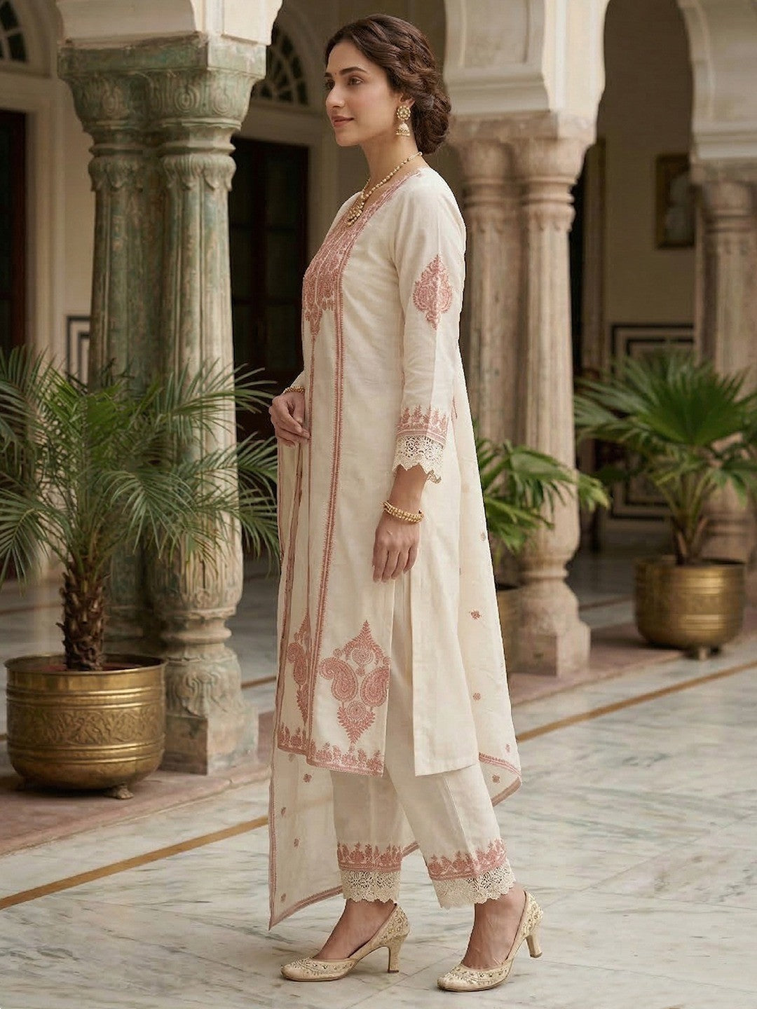 Designer White Mul Chanderi A-Line Salwar Suit with Elegant Embroidery Work - Image 2