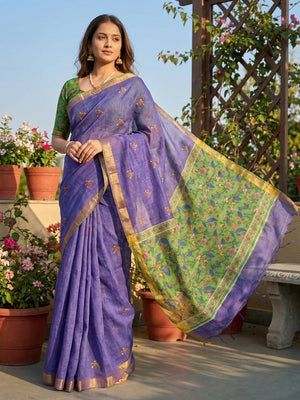 Elegant Purple Linen Saree with Floral Border and Zari Details - Image 1
