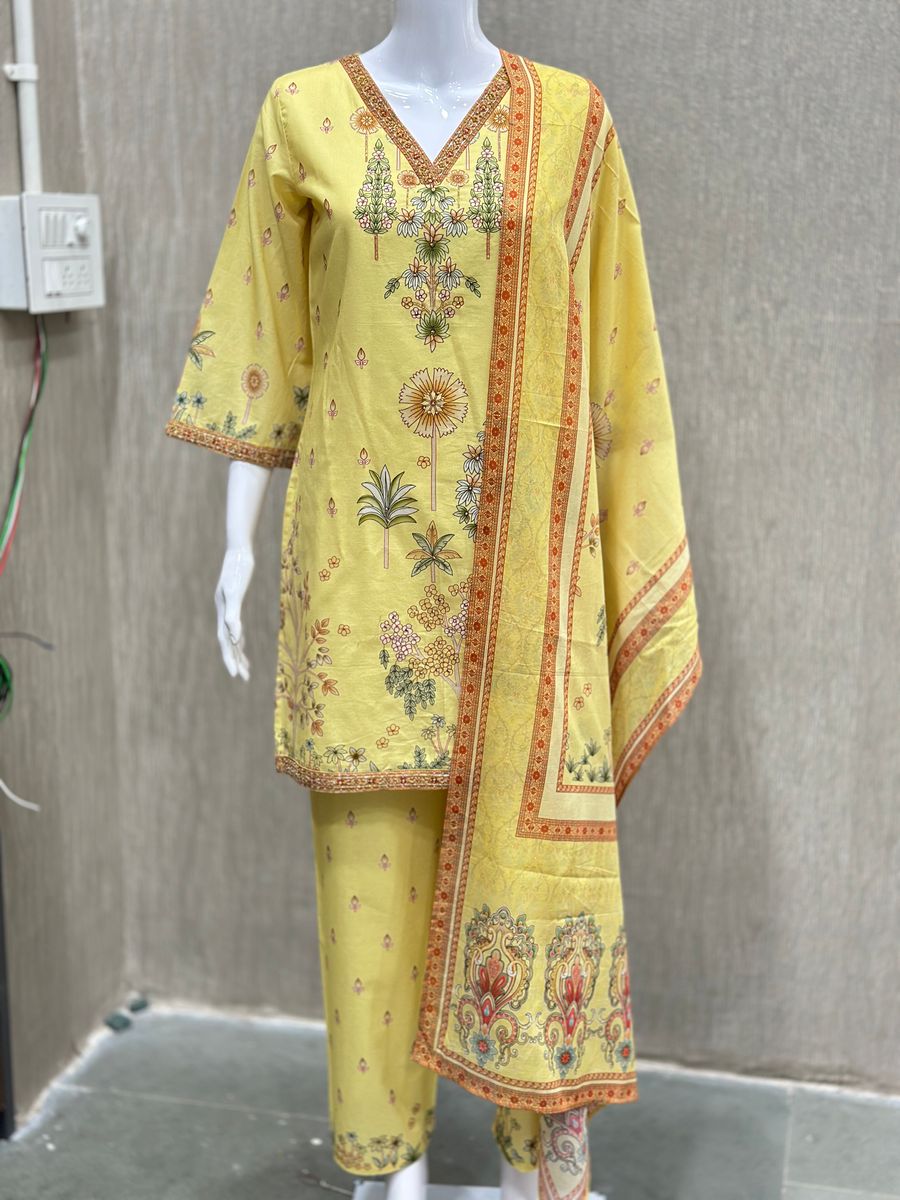Peachmode Yellow Pure Cotton Floral Printed Sharara Salwar Suit Set - Image 5