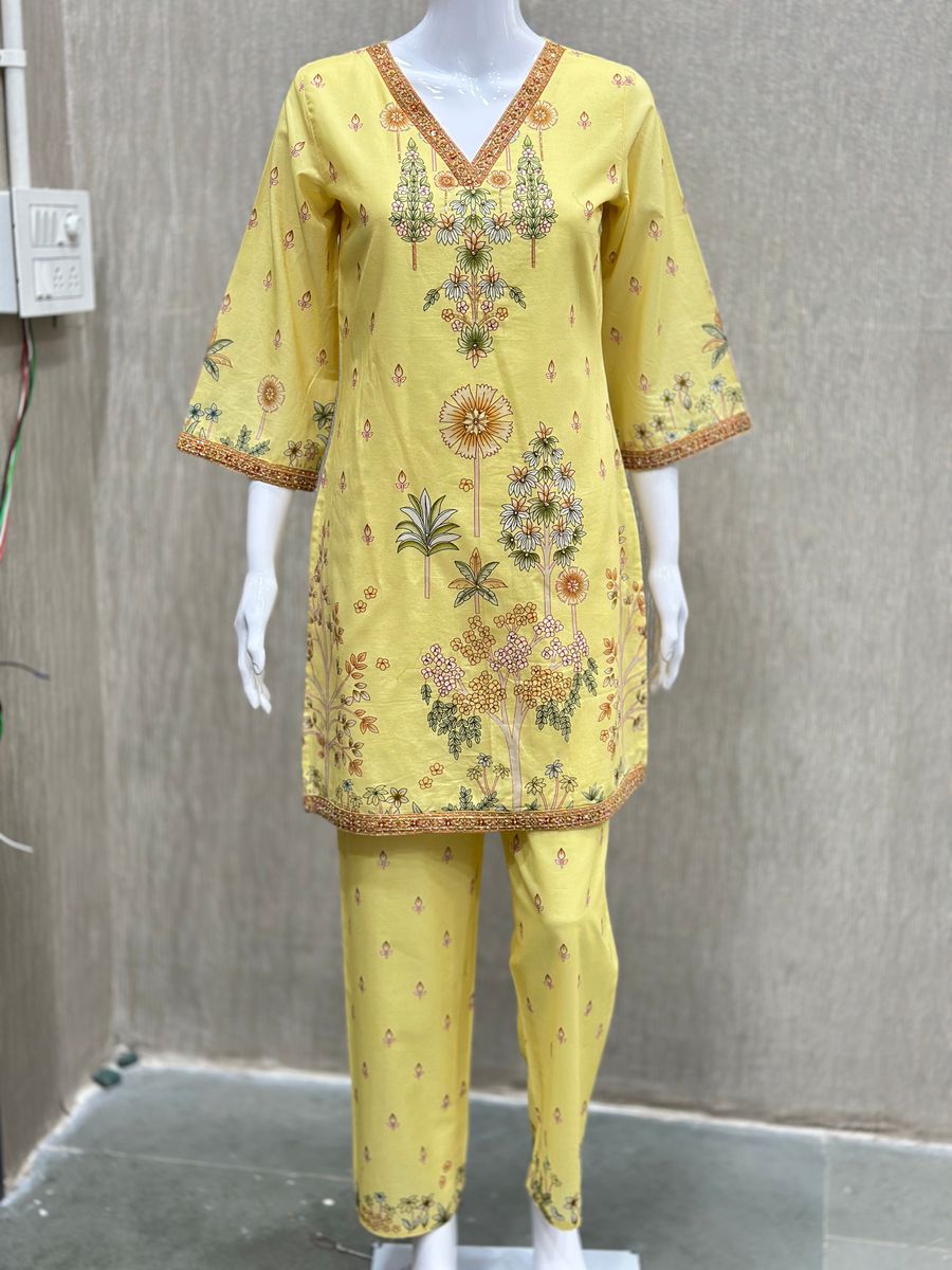 Peachmode Yellow Pure Cotton Floral Printed Sharara Salwar Suit Set - Image 2
