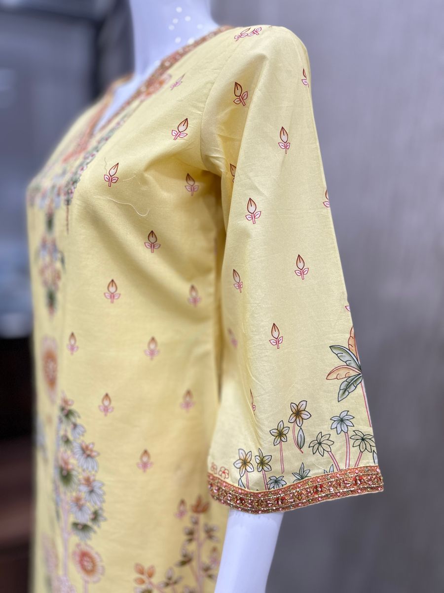 Peachmode Yellow Pure Cotton Floral Printed Sharara Salwar Suit Set - Image 4