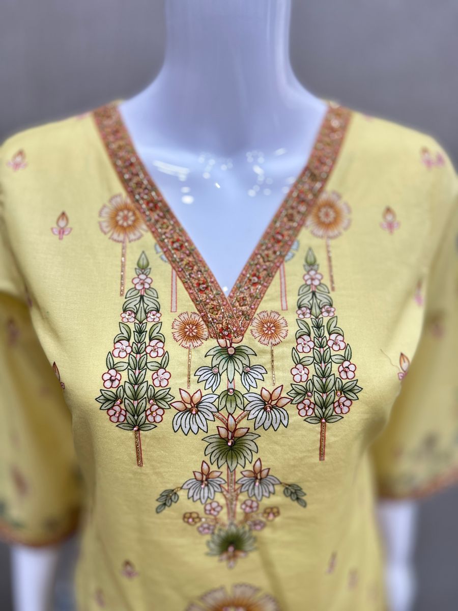 Peachmode Yellow Pure Cotton Floral Printed Sharara Salwar Suit Set - Image 3
