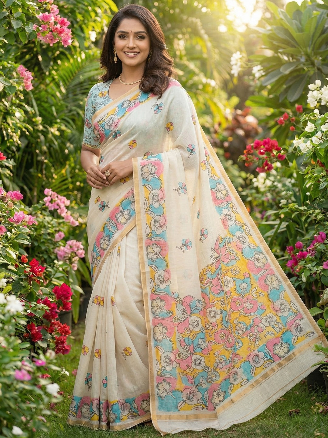 Ethnic Beige Linen Saree with Graceful Floral Printed Motif Work - Image 1