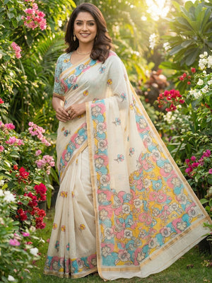 Ethnic Beige Linen Saree with Graceful Floral Printed Motif Work - Image 1