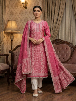 Pink Woven Banarasi Silk Dress Material with Delicate Beads Work - Image 2