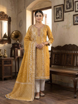 Yellow Woven Banarasi Silk Dress Material with Delicate Beads Work - Image 2