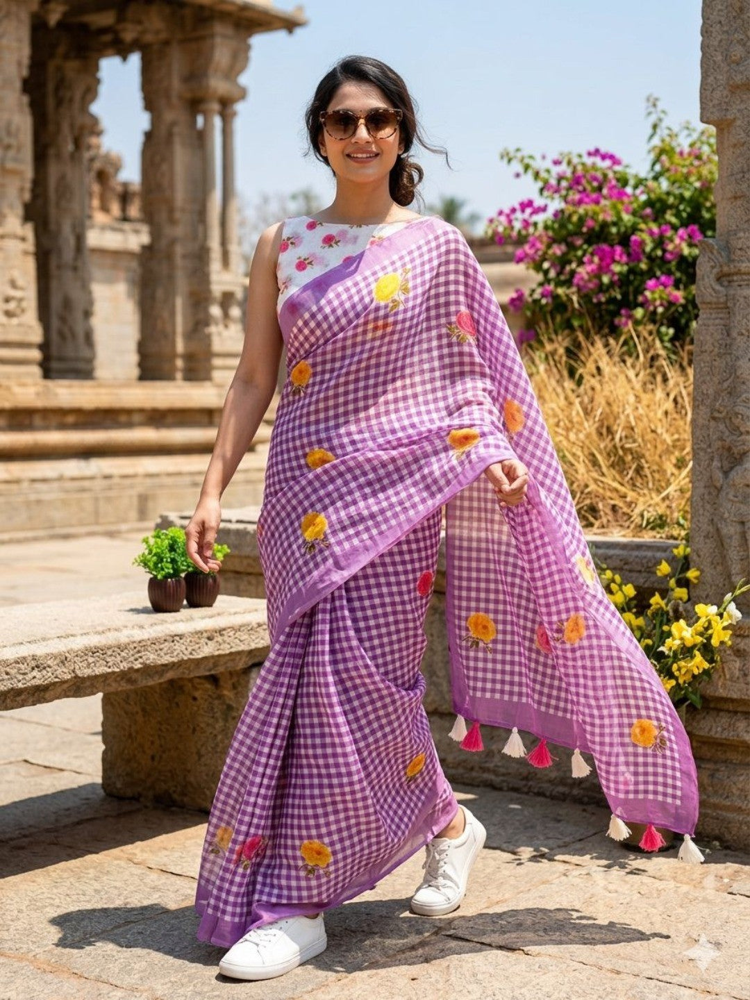 Purple Linen Saree with Checked Pattern and Floral Motifs - Image 1