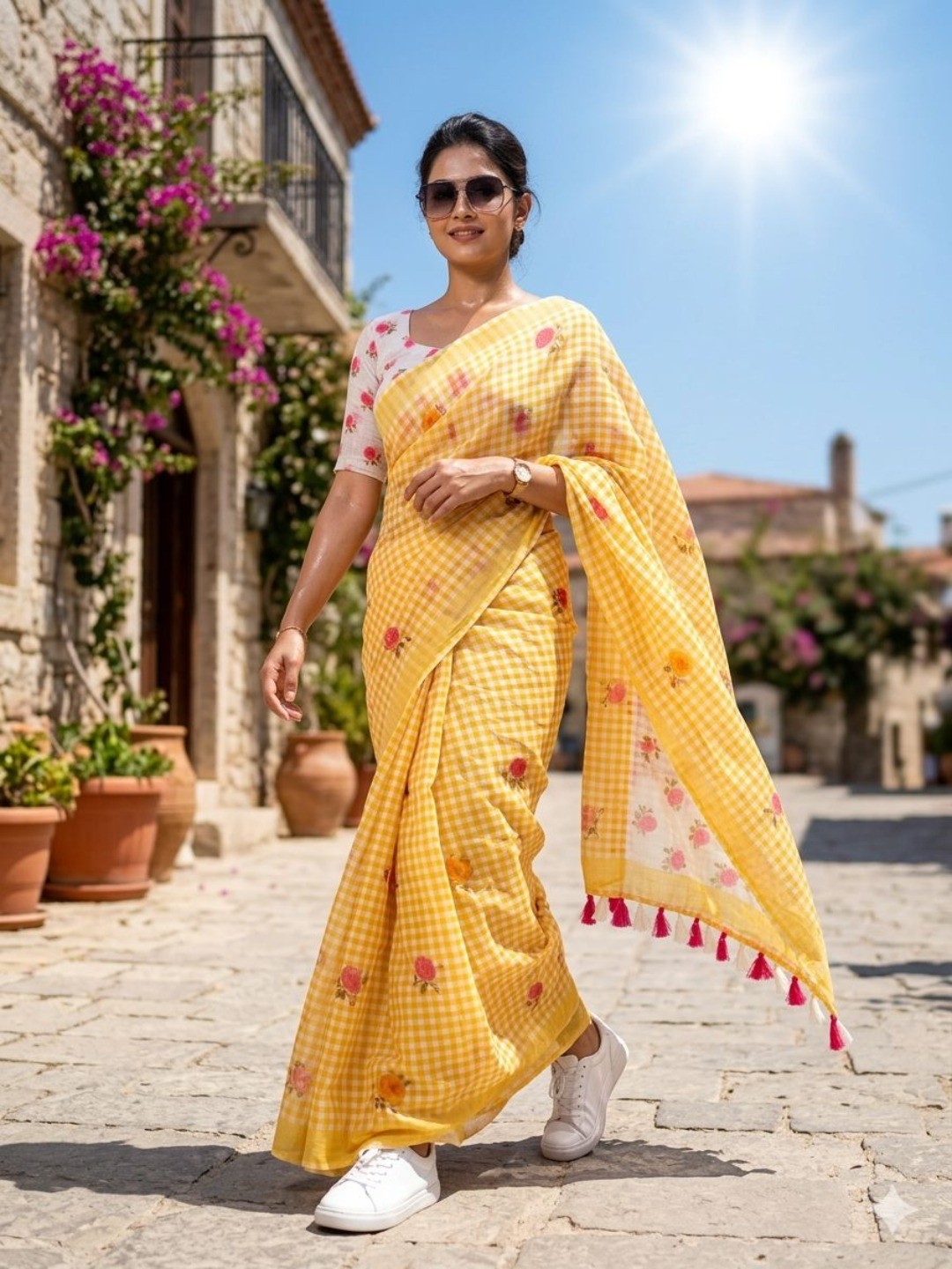 Yellow Checked Linen Saree with Floral Print and Tassels - Image 1