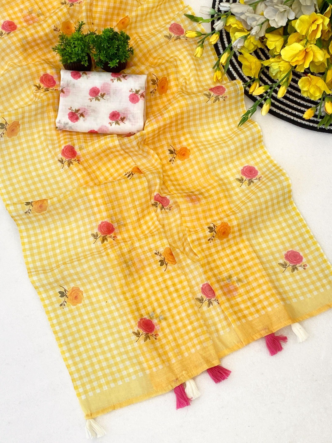 Yellow Checked Linen Saree with Floral Print and Tassels - Image 2
