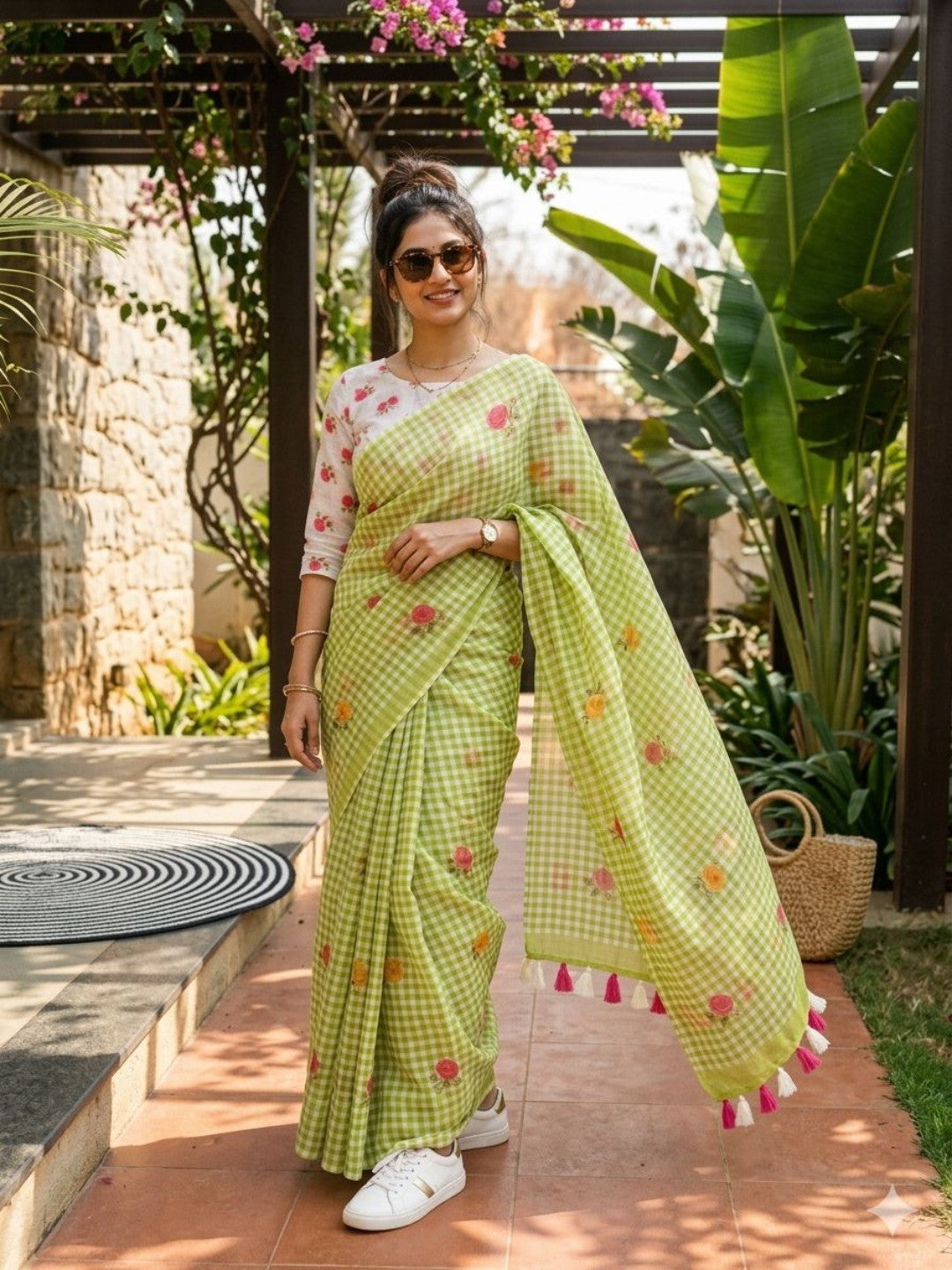 Green Linen Checked Saree with Floral Print With Tassels - Image 1