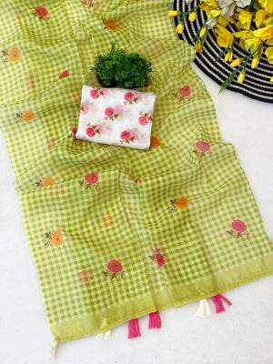 Green Linen Checked Saree with Floral Print With Tassels - Image 2