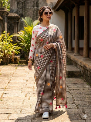 Black Linen Saree with Checked Print and Floral Motifs - Image 1
