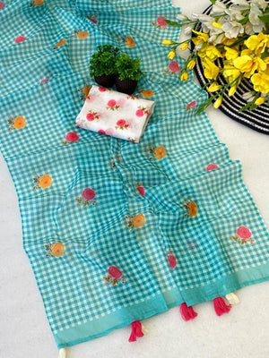 Turquoise Linen Saree with Checked Print and Floral Motifs - Image 2