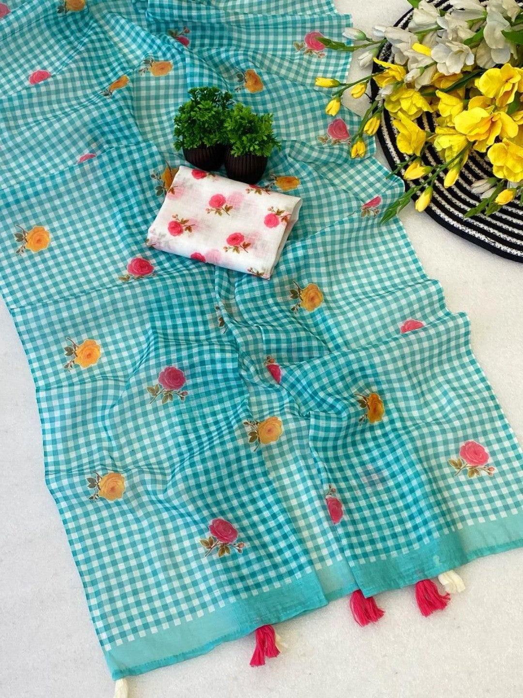 Turquoise Linen Saree with Checked Print and Floral Motifs - Image 3