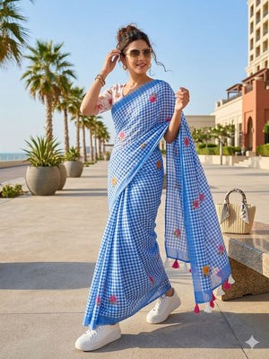 Lightweight Blue Linen Saree with Elegant Checked Pattern and Floral Detailing - Image 1